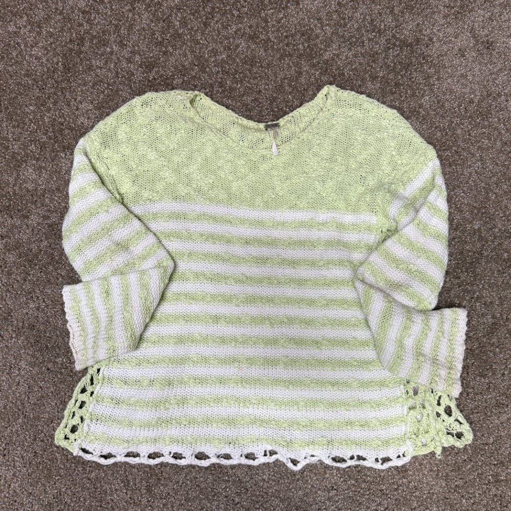 Free People Open Knit Sweater Women XS Green White Striped Loose Textured Cotton - Picture 7 of 12